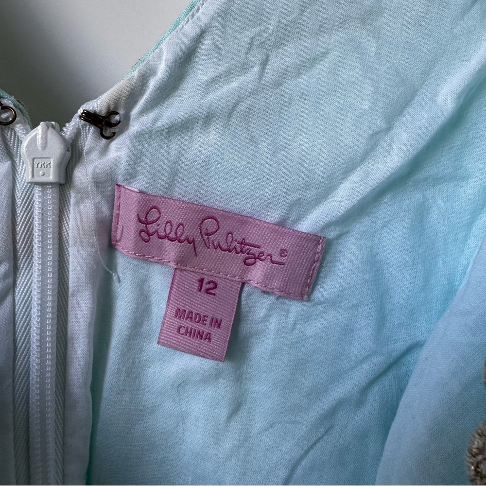 Lilly Pulitzer Aqua Textured Shift Dress Gold Embroidered Neckline Size 12 - Picture 5 of 9